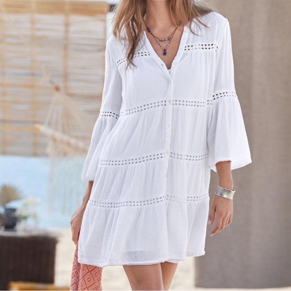 Sundance Midori Day Dress 100% Cotton Medium Bell Sleeves Eyelet Coverup